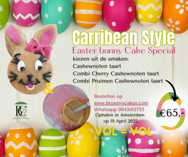 Easter Bunny Cake Special in Carribbean Style met verschillende smaken taarten en paasdecoraties.