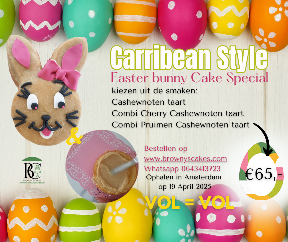 Easter Bunny Cake Special in Carribbean Style met verschillende smaken taarten en paasdecoraties.