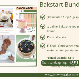 Flyer van de Bakstart Bundel van Browny’s Cakes met fotocollage van producten, lijst met inbegrepen items, totaalwaarde en speciale aanbiedingsprijs van €99.