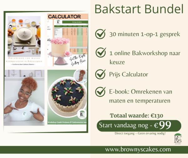 Flyer van de Bakstart Bundel van Browny’s Cakes met fotocollage van producten, lijst met inbegrepen items, totaalwaarde en speciale aanbiedingsprijs van €99.